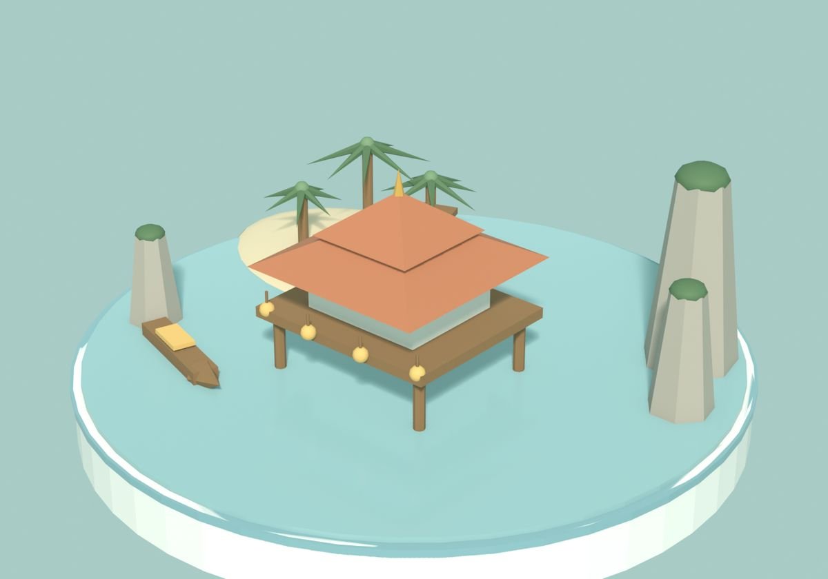 A miniature over-water pavilion on stilts with limestone karsts behind