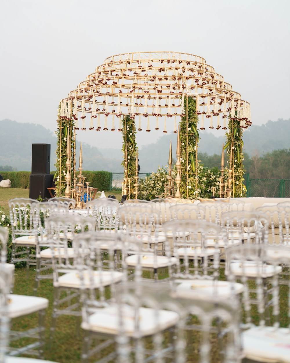 An outdoor ceremony setup with seating